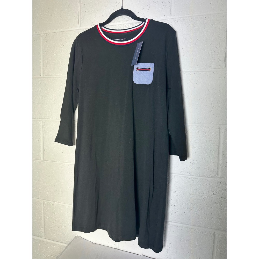 Tommy Hilfiger Black Long Sleeve Dress with Pocket and Striped Collar Size L - Picture 2 of 5